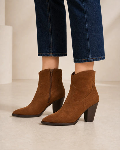 Women's brown suede-effect western ankle boots, lateral profile.