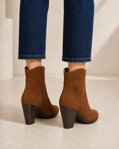 Women's brown suede-effect western ankle boots, rear view.