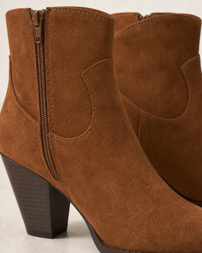 Women's brown suede-effect western ankle boots, construction detail.