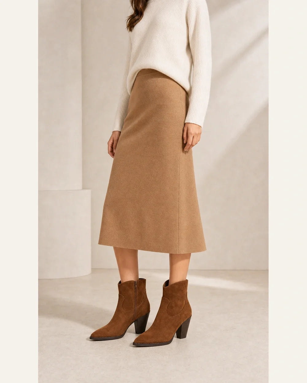 Brown suede western ankle boots, second styling without distortion.