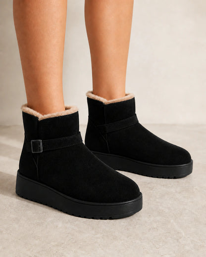 Women's black faux-fur platform ankle boots, front three-quarter view.