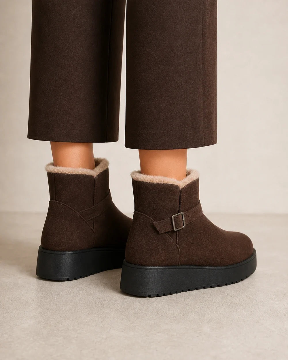 Bottines plateforme fourrées marron chocolat femme, vue arrière.