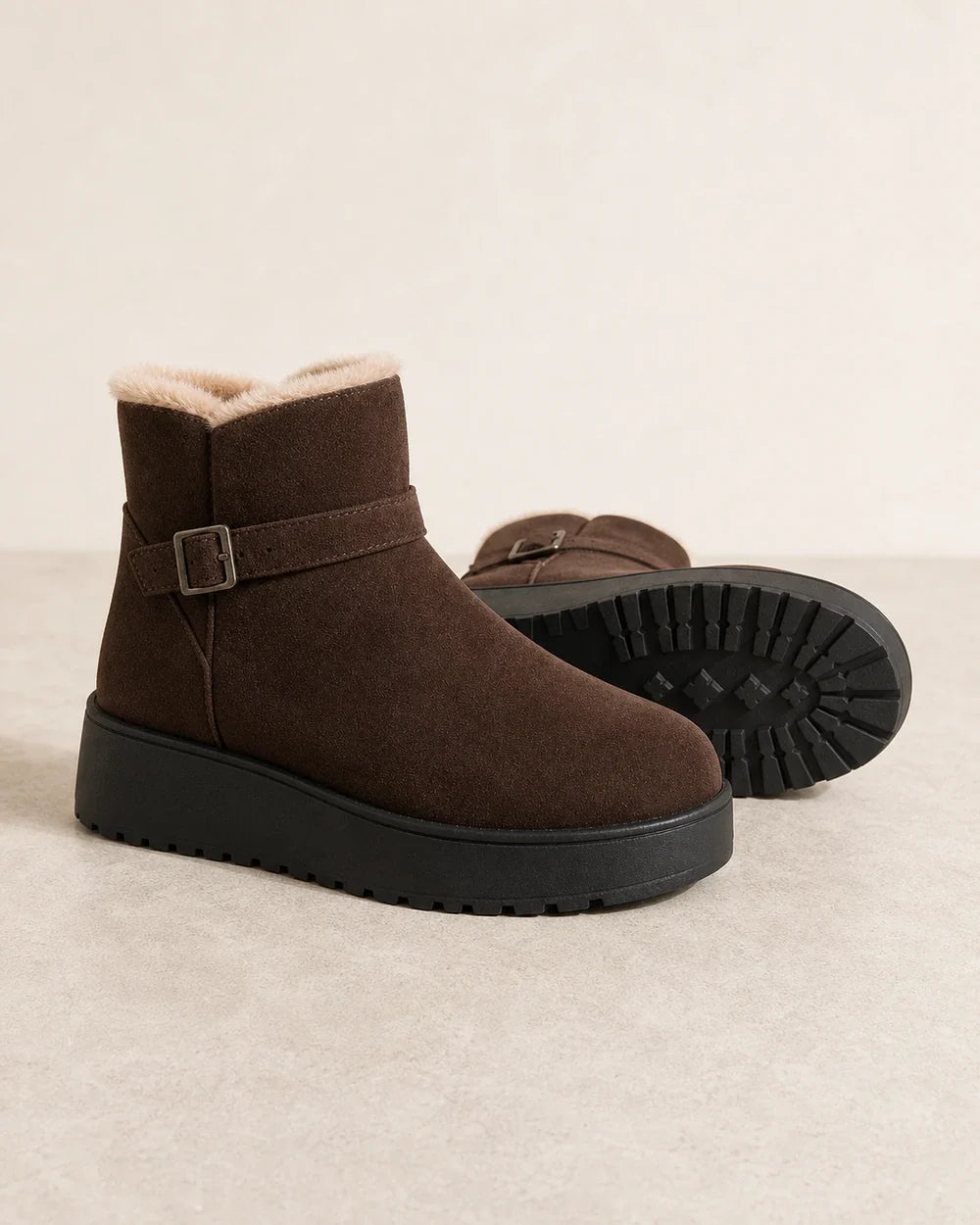 Women's chocolate brown faux-fur platform ankle boots, product-only outsole view.