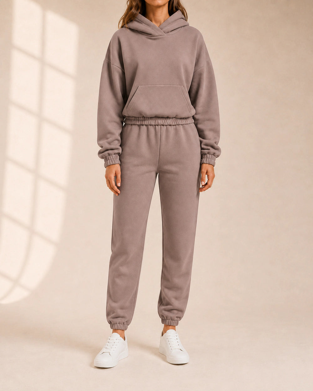 Women's khaki hooded two-piece jogger set, front view.