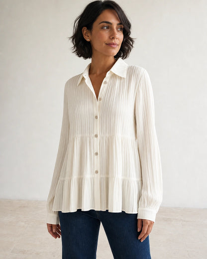 Women's milk-white pleated peplum shirt, front product view.
