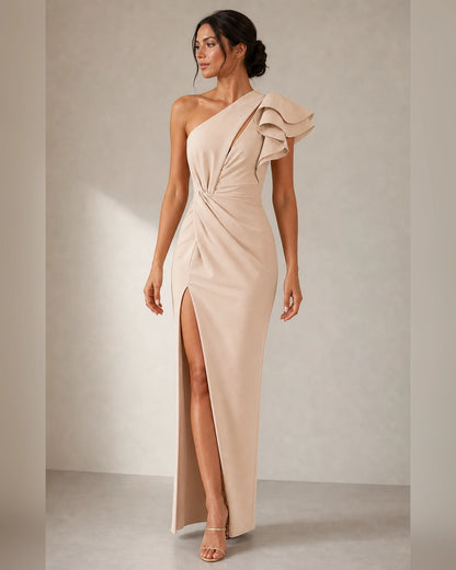 Women's beige one-shoulder ruffled evening dress, full silhouette. — womens-one-shoulder-ruffled-evening-dress-beige-02-silhouette.webp