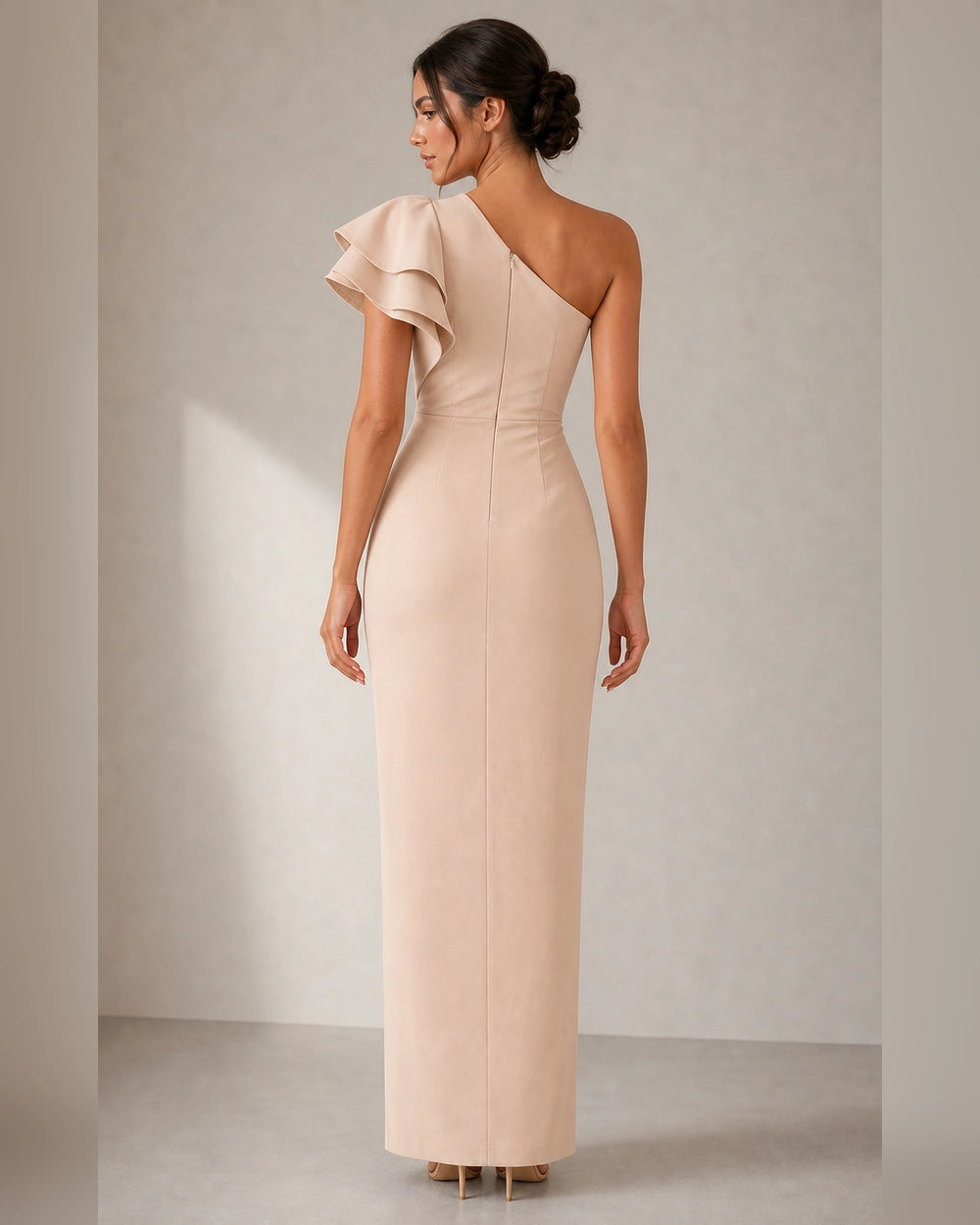 Women's beige one-shoulder ruffled evening dress, back view. — womens-one-shoulder-ruffled-evening-dress-beige-03-back.webp