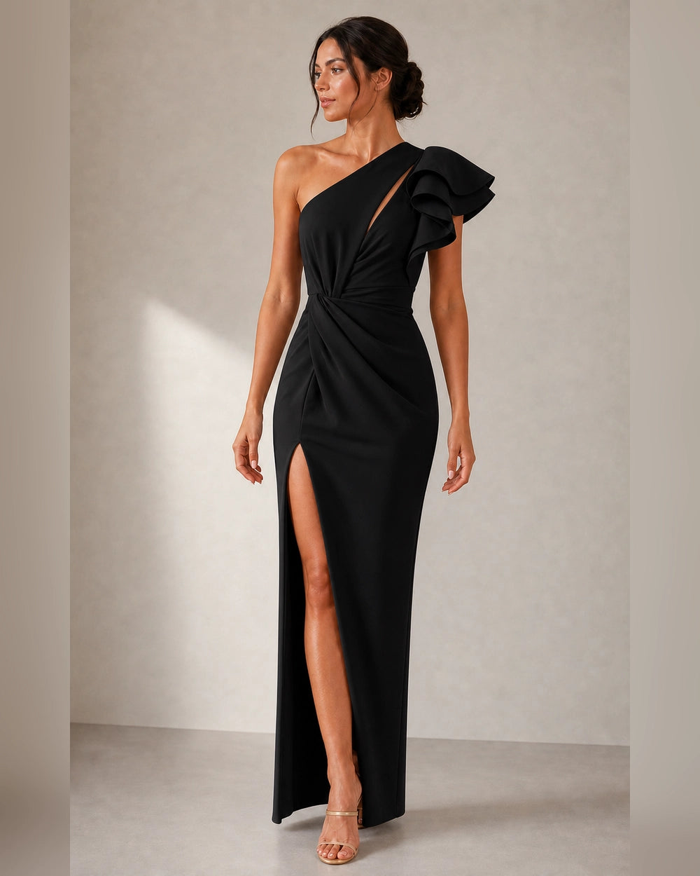 Women's black one-shoulder ruffled evening dress, front view. — womens-one-shoulder-ruffled-evening-dress-black-08-hero.webp