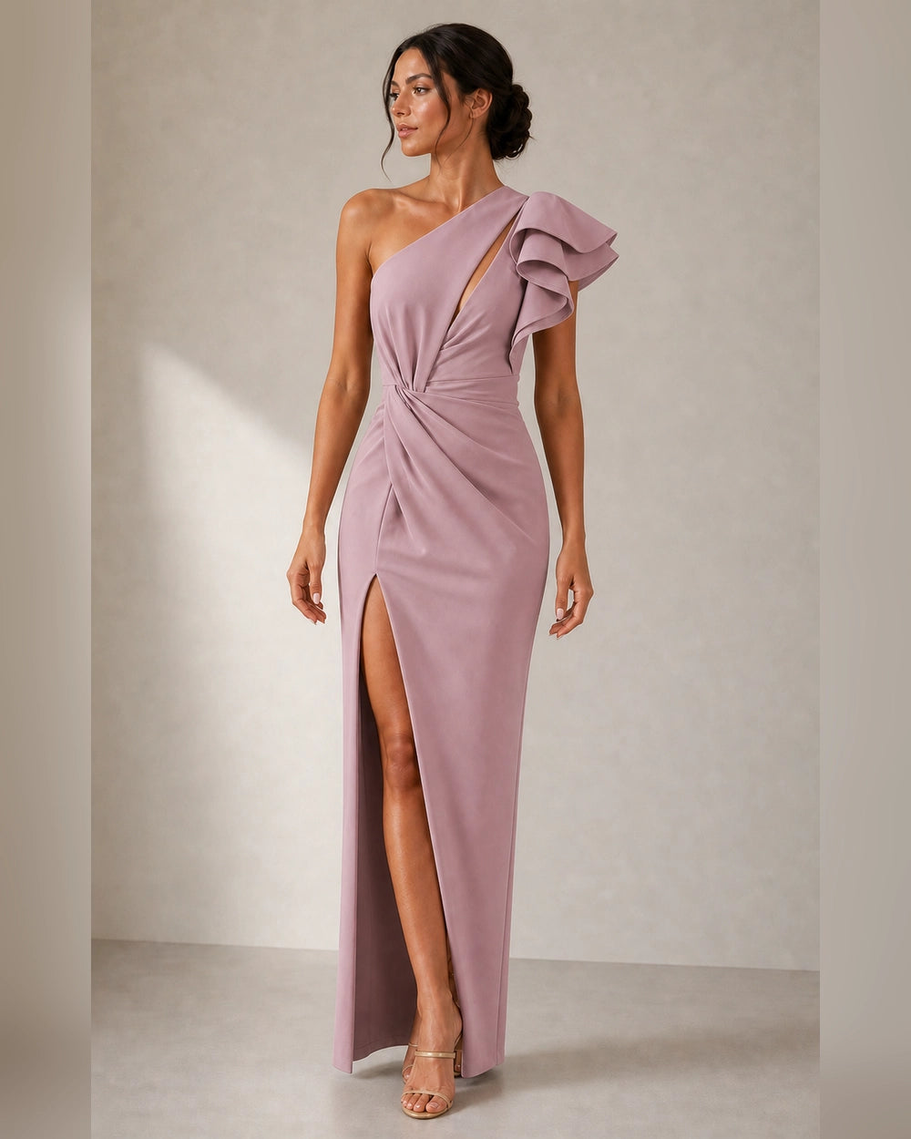 Women's pink one-shoulder ruffled evening dress, front view. — womens-one-shoulder-ruffled-evening-dress-pink-05-hero.webp