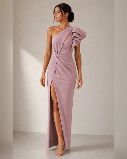 Women's pink one-shoulder ruffled evening dress, front view. — womens-one-shoulder-ruffled-evening-dress-pink-05-hero.webp