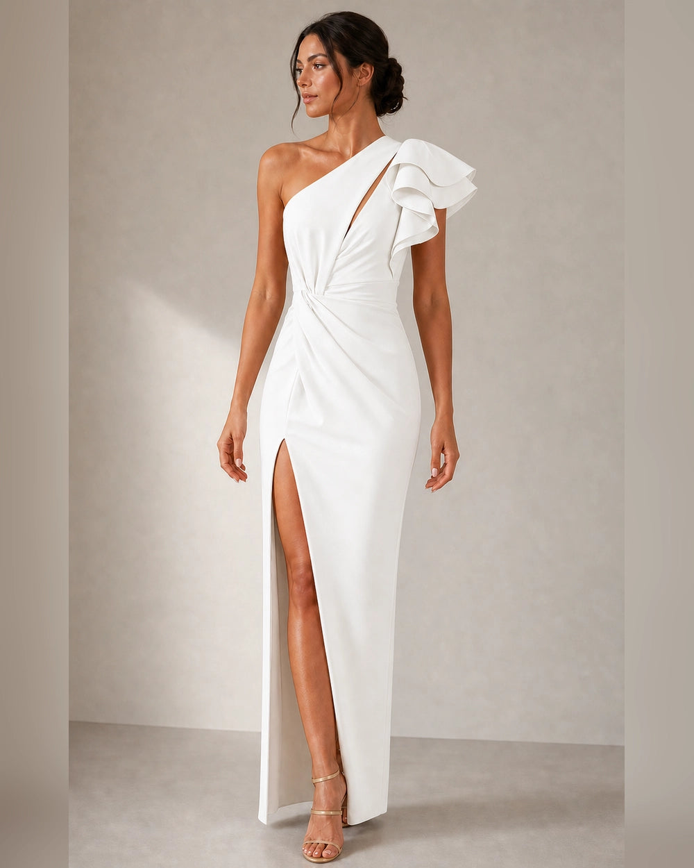 Women's white one-shoulder ruffled evening dress, front view. — womens-one-shoulder-ruffled-evening-dress-white-04-hero.webp