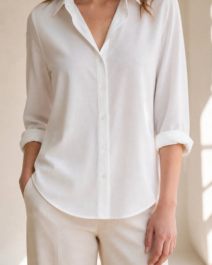 Women's white relaxed button-front blouse, product-first front view.