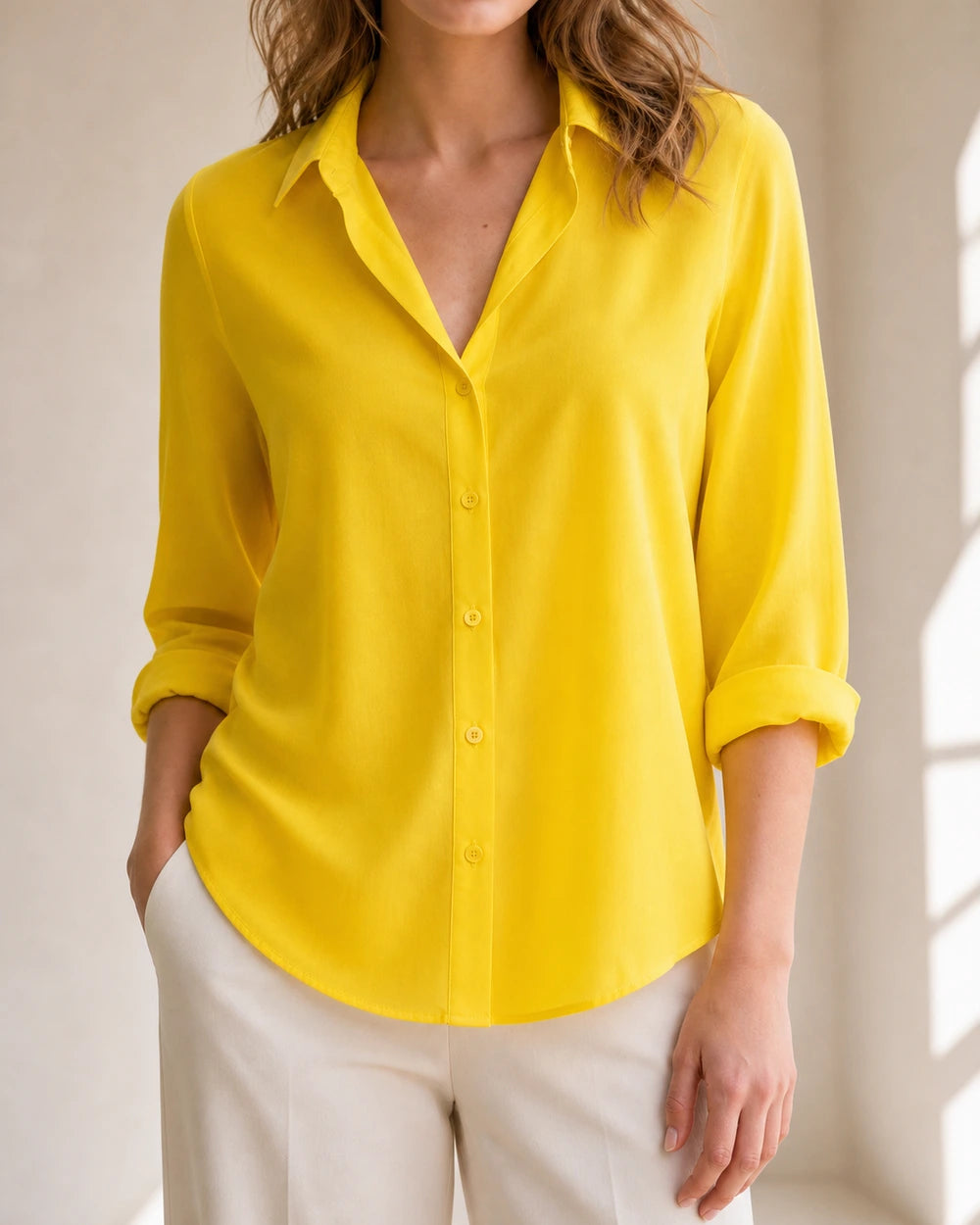 Women's yellow relaxed button-front blouse, front product view.