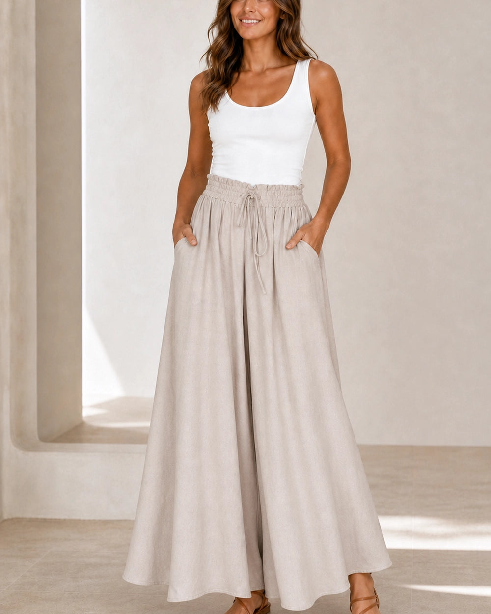 Pantalon femme taille haute à jambe large — image