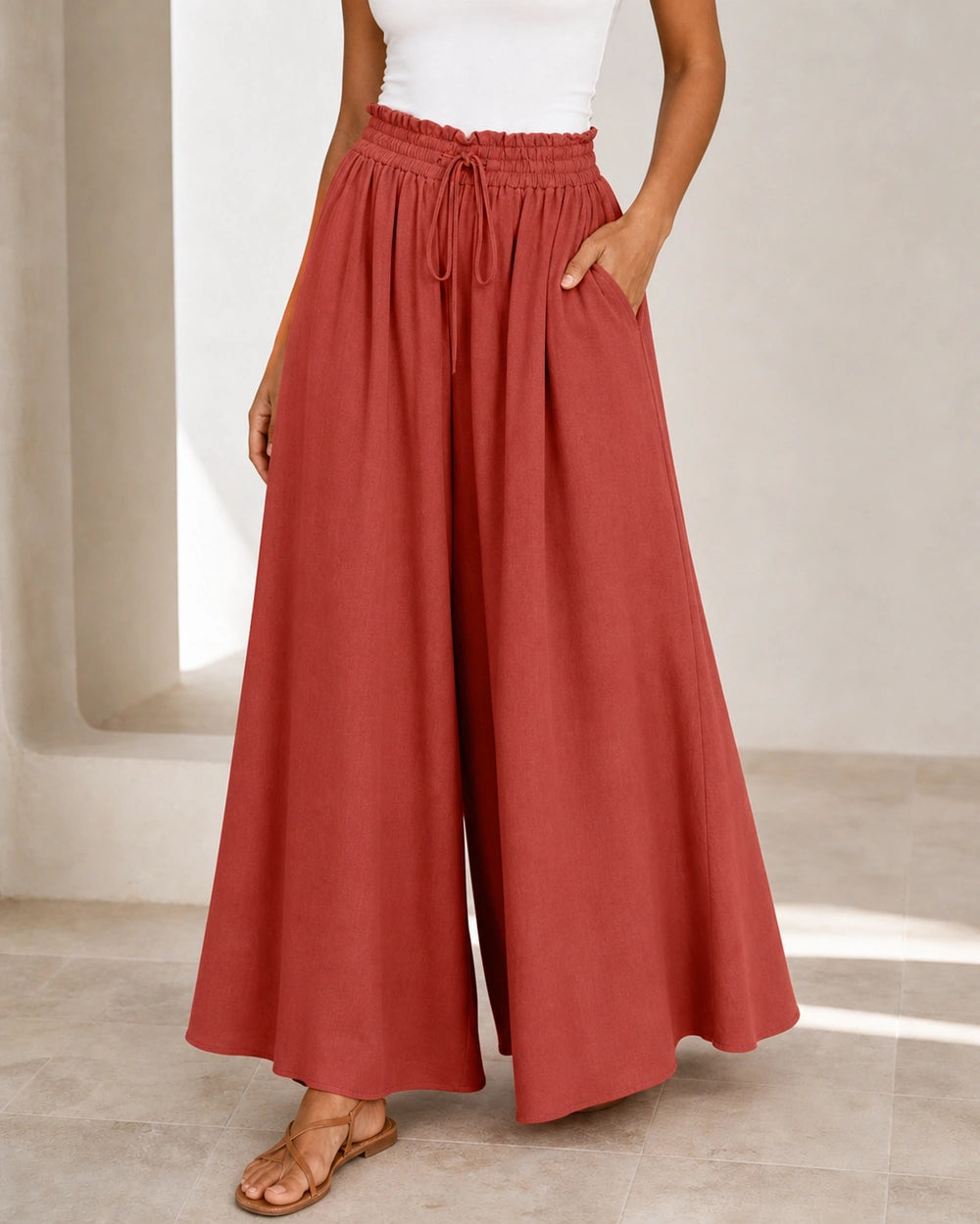 Pantalon femme taille haute à jambe large — image