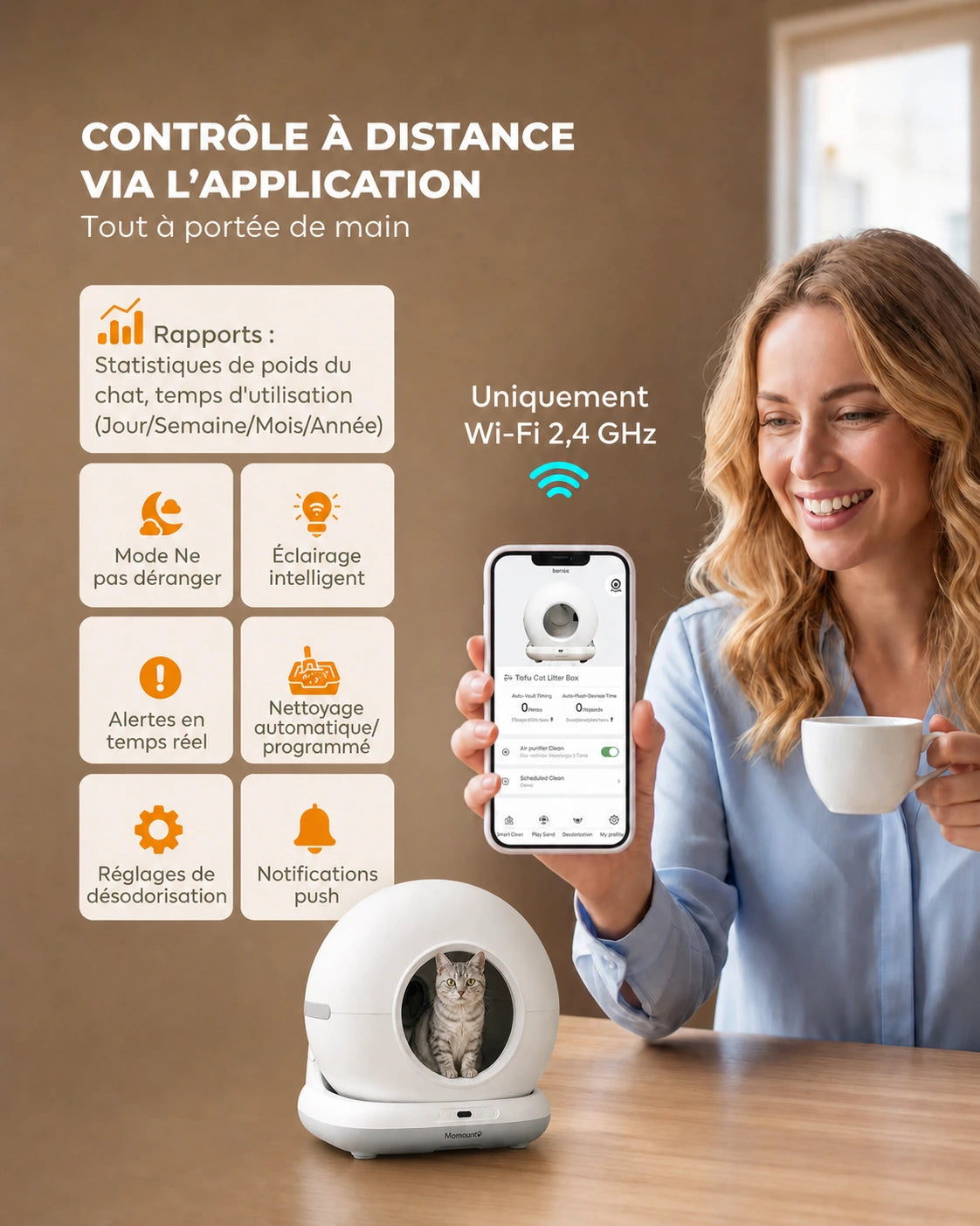 Litière Automatique pour Chat 72 L – Autonettoyante, Application et Capteurs de Sécurité, Blanc – vue 5