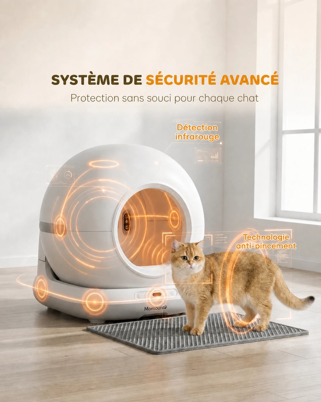Litière Automatique pour Chat 72 L – Autonettoyante, Application et Capteurs de Sécurité, Blanc – vue 7