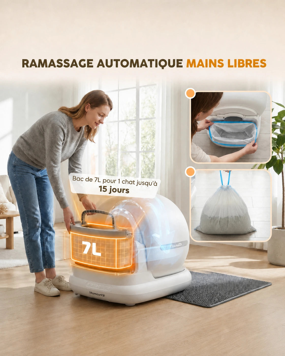 Litière Automatique pour Chat 72 L – Autonettoyante, Application et Capteurs de Sécurité, Blanc – vue 8