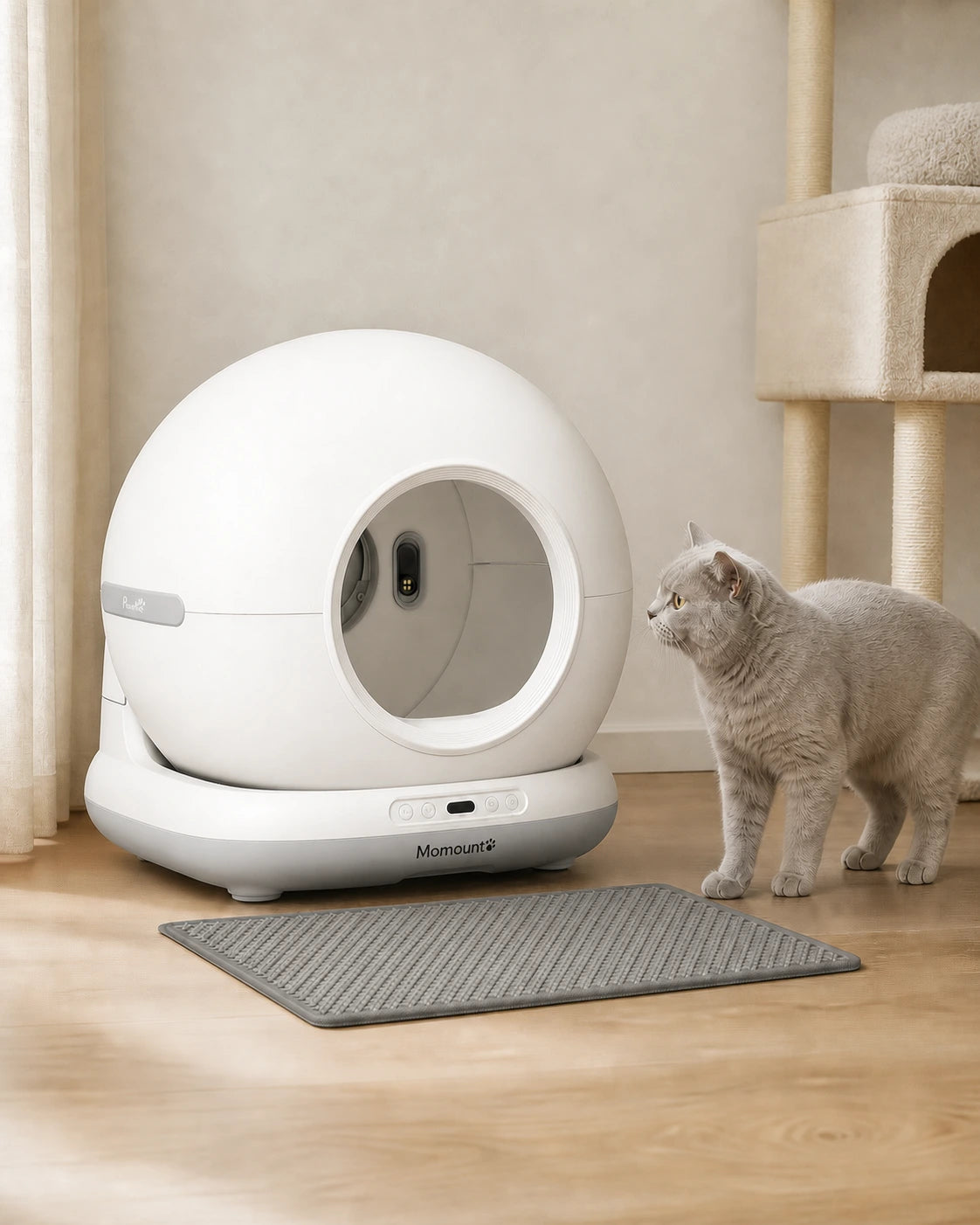 Litière autonettoyante Momount dans un intérieur avec un chat